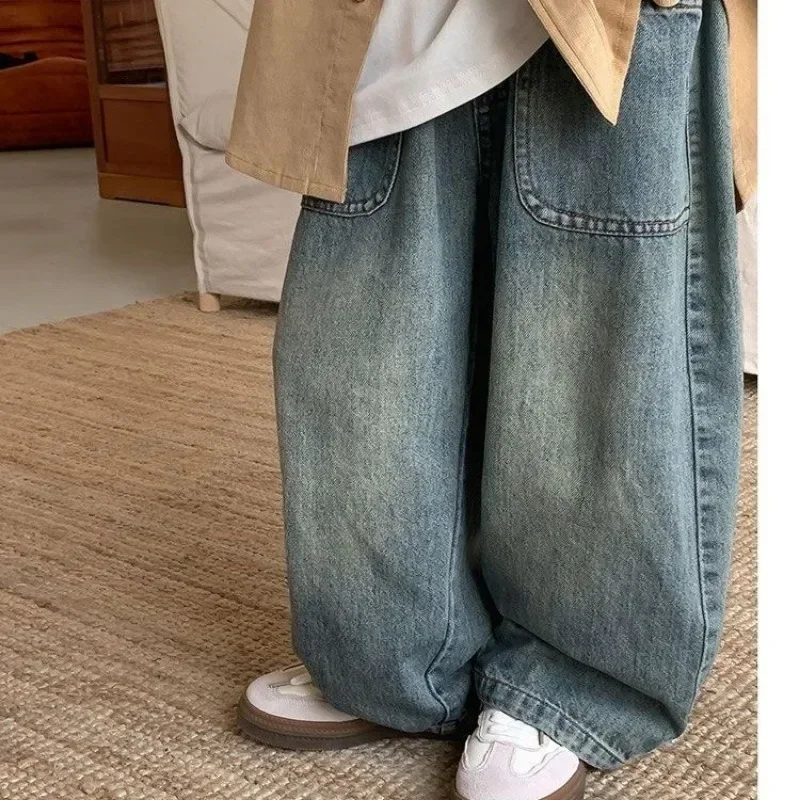 Children's Retro Jeans Loose Straight Pants Wide Leg Pants for Boys and Girls 2025 New Spring Autumn Kid's Denim Pocket Trousers 4