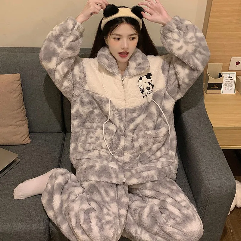 2024 New Korean Version Loungewear Coral Velvet Pajamas Autumn Winter Thick Velvet Sleepwear Zipper Flannel Students Homewear