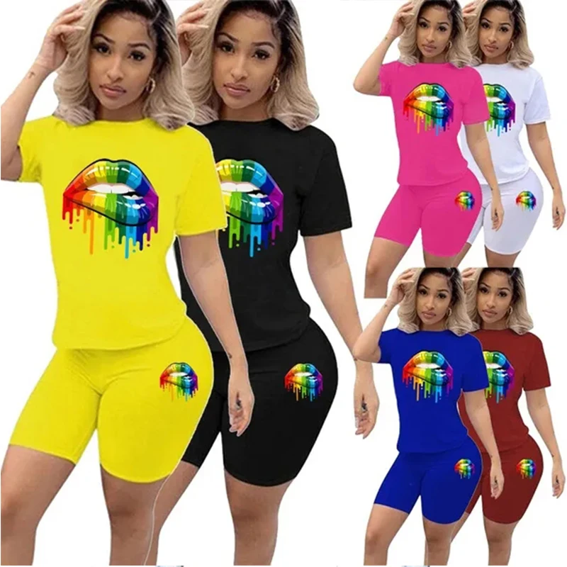 Summer Womens Sexy Skinny T-shirt and Shorts Sets 2 Piece Outfits Tracksuit Jogging Suits womens sexy skinny diy printed t shirt and shorts sets 2 piece outfits tracksuit jogging suits customize your logo