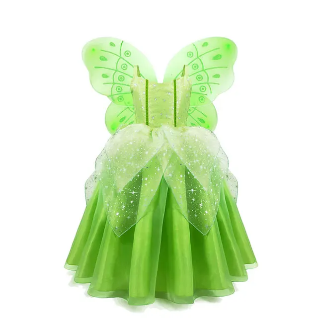 thumbnail image 1 of Disney-disfraz de princesa Tinker Bell para niñas, vestido de hada de las flores verdes, disfraz de elfo con purpurina, ala de mariposa, fiesta de Halloween, 1 of 5