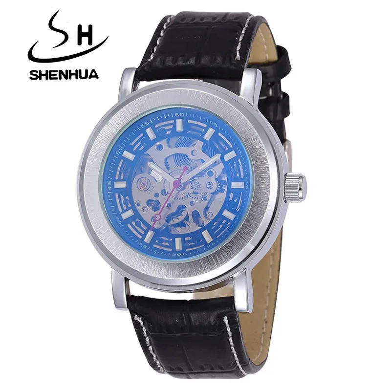 

SHENHUA Men Automatic Self Wind Mechanical Watches Top Luxury Brand Male Waterproof Clock Light Blue Glass Skeleton WristWatch