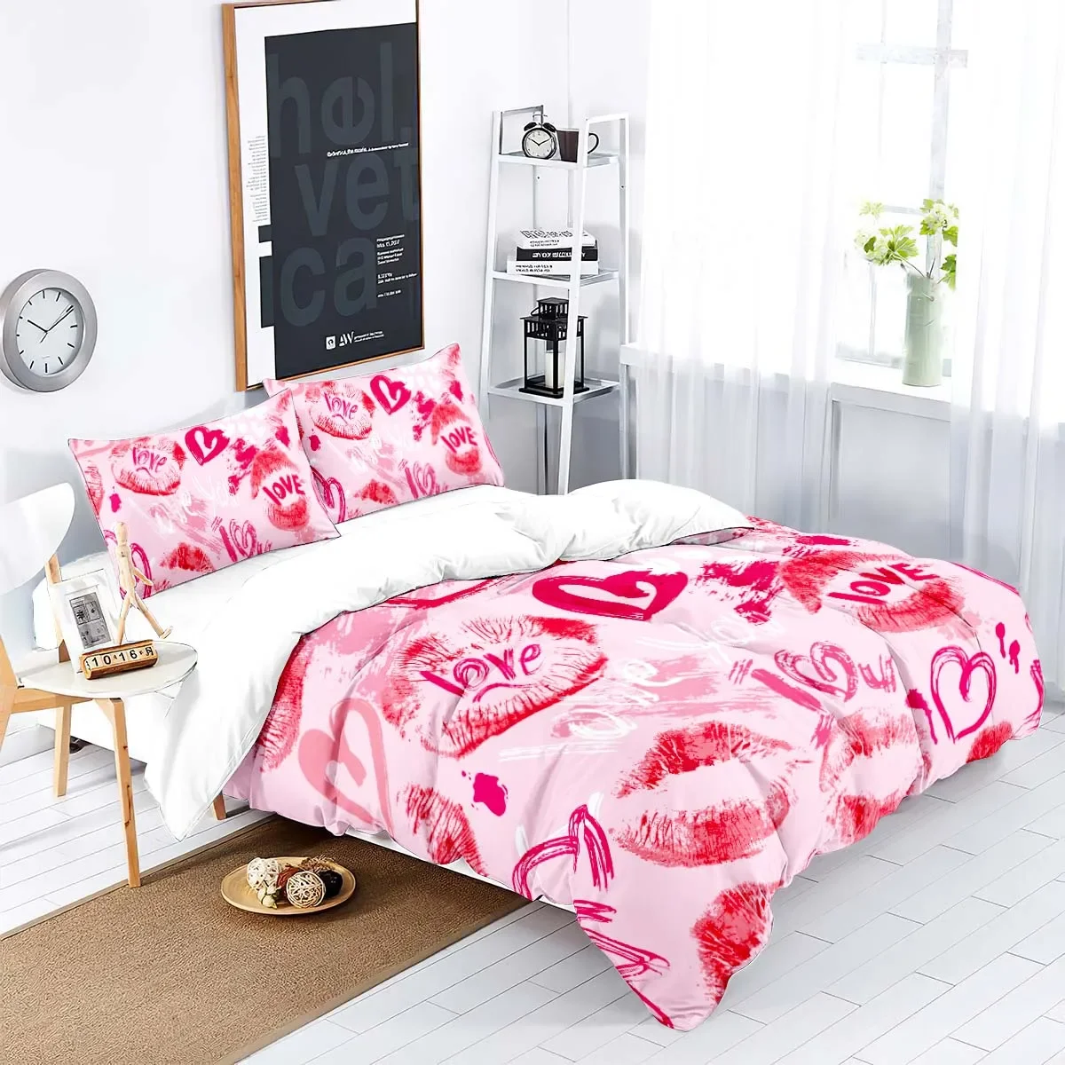 Valentine's Day Heart bedding set, skin friendly, warm, comfortable, warm pink surface, red lip print with a heart pattern