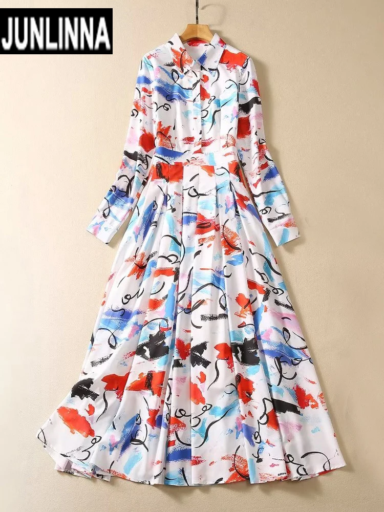 

JUNLINNA Autumn Fashion Long Shirt Dress Turn-down Collar Elegant Printing Party Vacation Vestidos