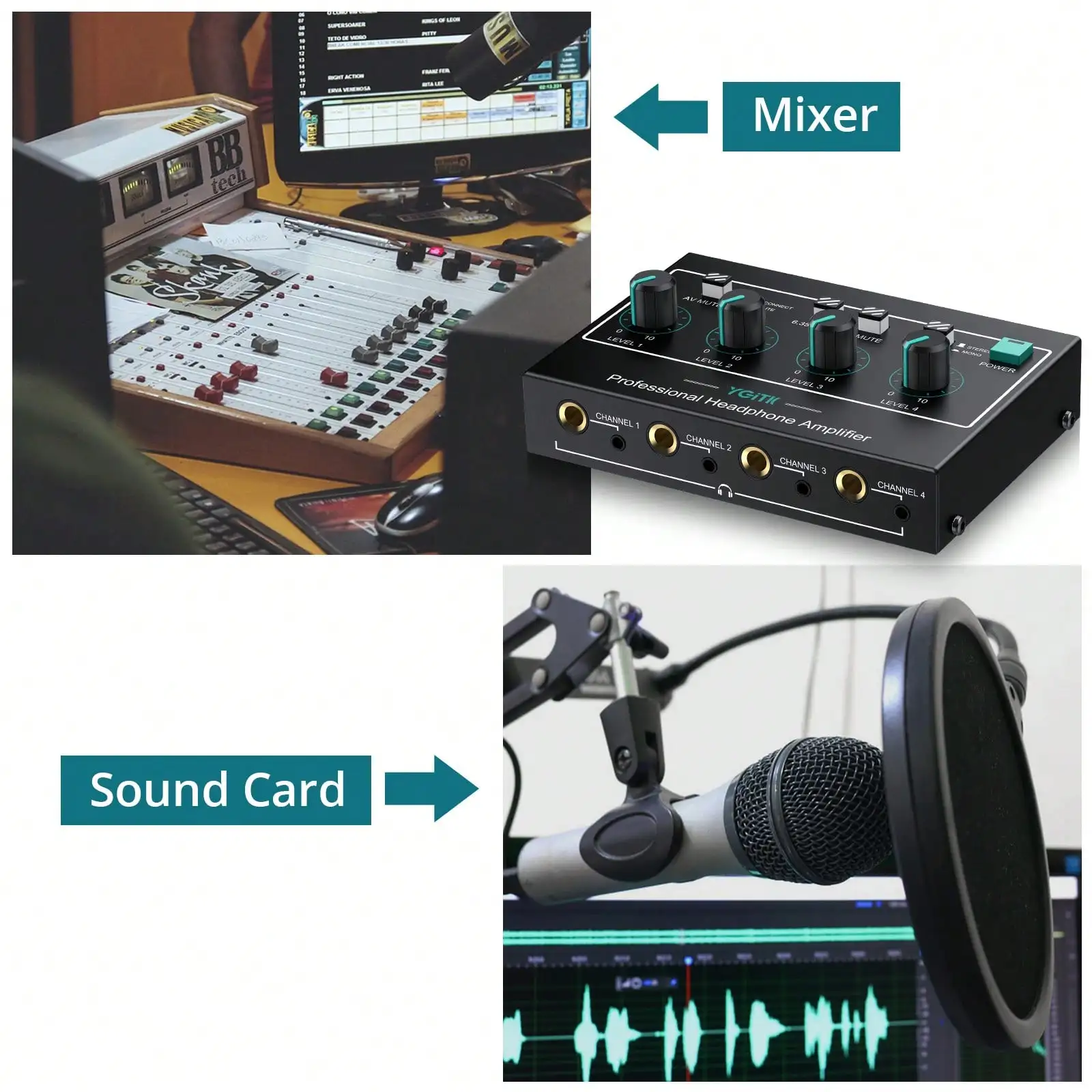 Multi-function 4 Channel Professional Headphone Amplifier Mono Stereo Audio Amp 3.5mm with Power Adapter for Studio and Stage