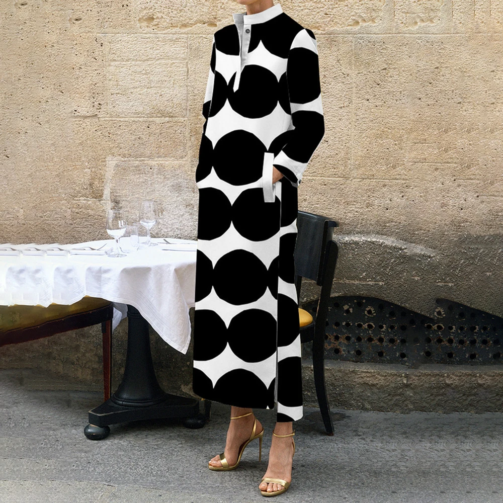 

Spring Autumn Casual Long Dress Women V Neck Botton Loose Party Maxi Dresses For Women Long Sleeve Pockets Dot Print Shirt Dress
