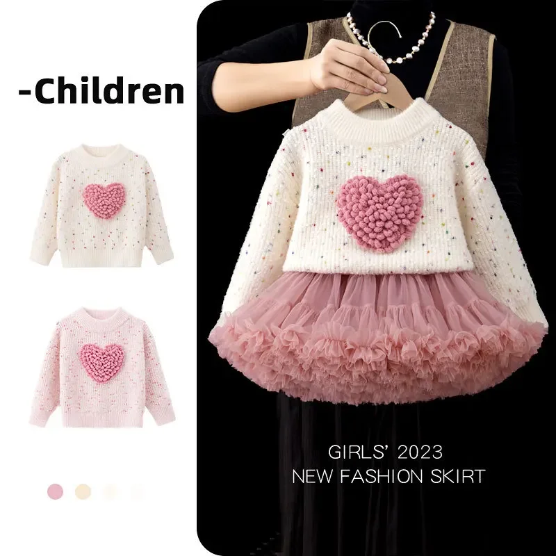 

Autumn Kid Baby Girls Suit Heart New Long Sleeve Children's Sweater + Set Girl Lovely Print Pleated Skirt W-S1041