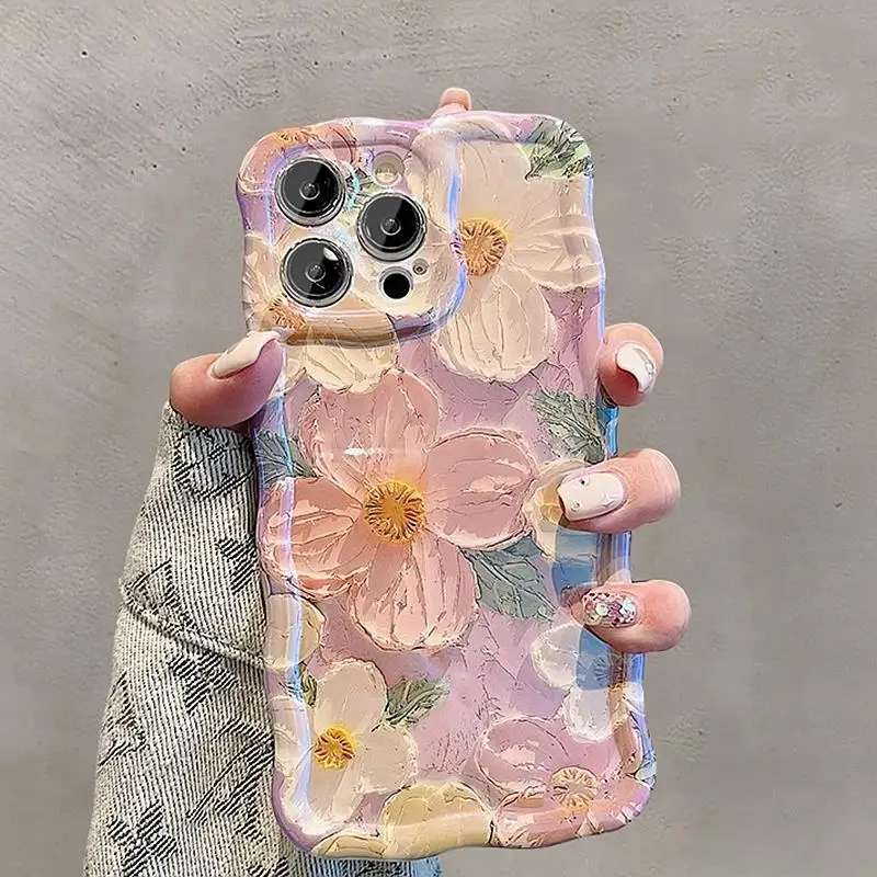 Luxury Flower Pattern Laser Phone Case For iPhone 11 12 13 14 15 16 Pro Max Shockproof Bumper Cases Cover