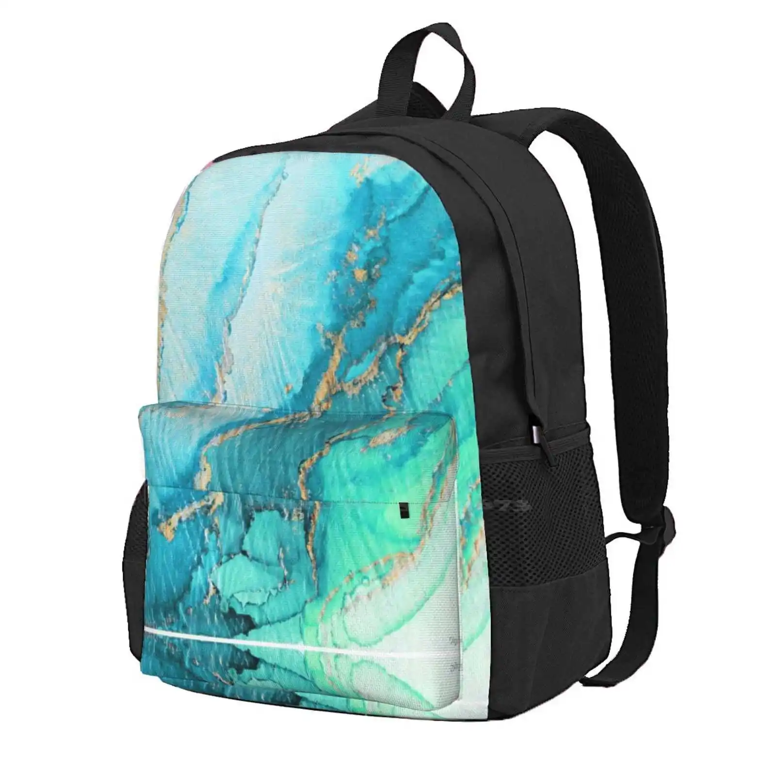 

Turquoise Aqua Gold Ocean Fashion Travel Laptop School Backpack Bag Teal Abstract Art Abstract Painting Turquoise Ink Flowing