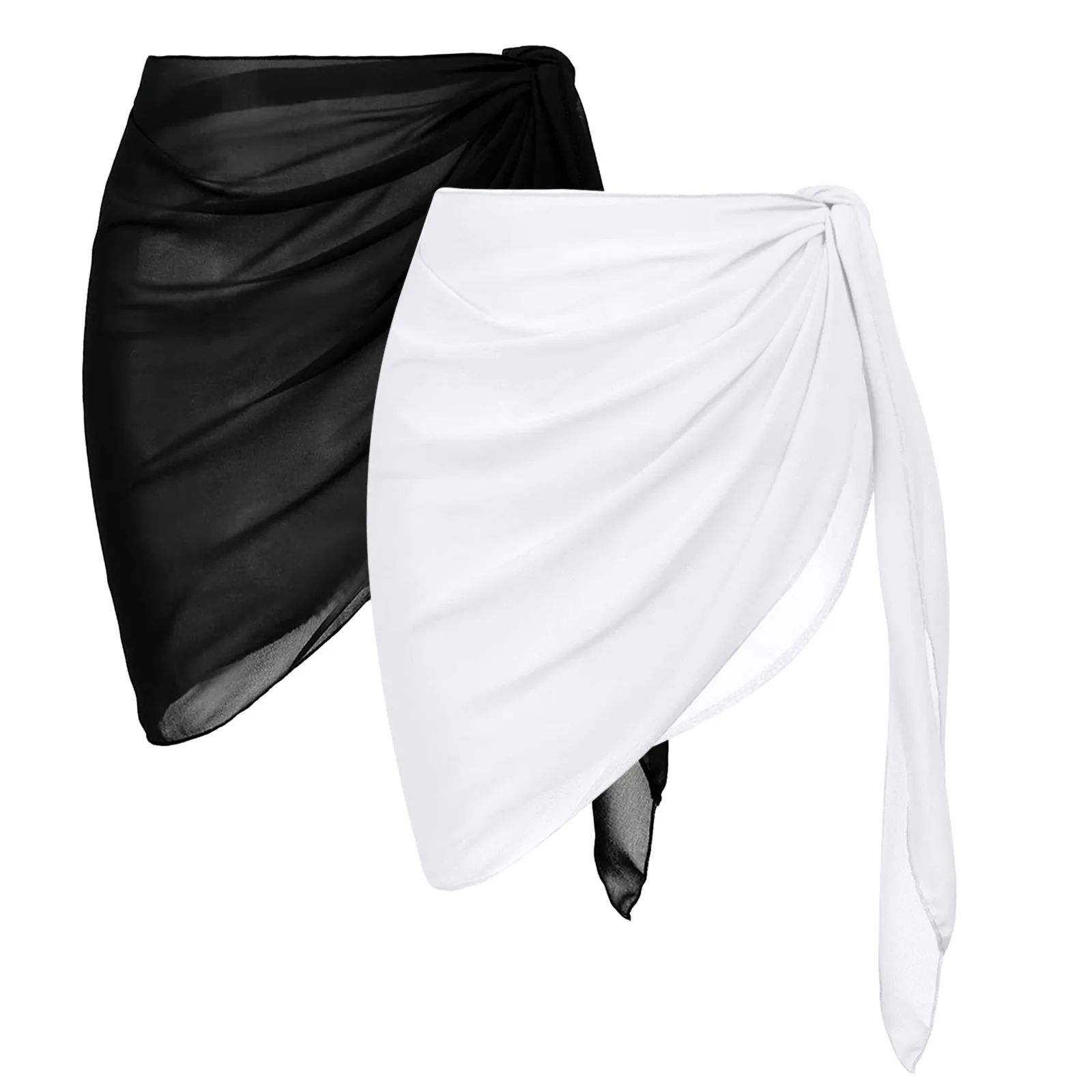 2 Pieces Women Beach Sarongs Sheer Cover Ups Mesh Bikini Wrap Skirt For Swimwear Solid Color Swimsuit Bathing Suit Pareo