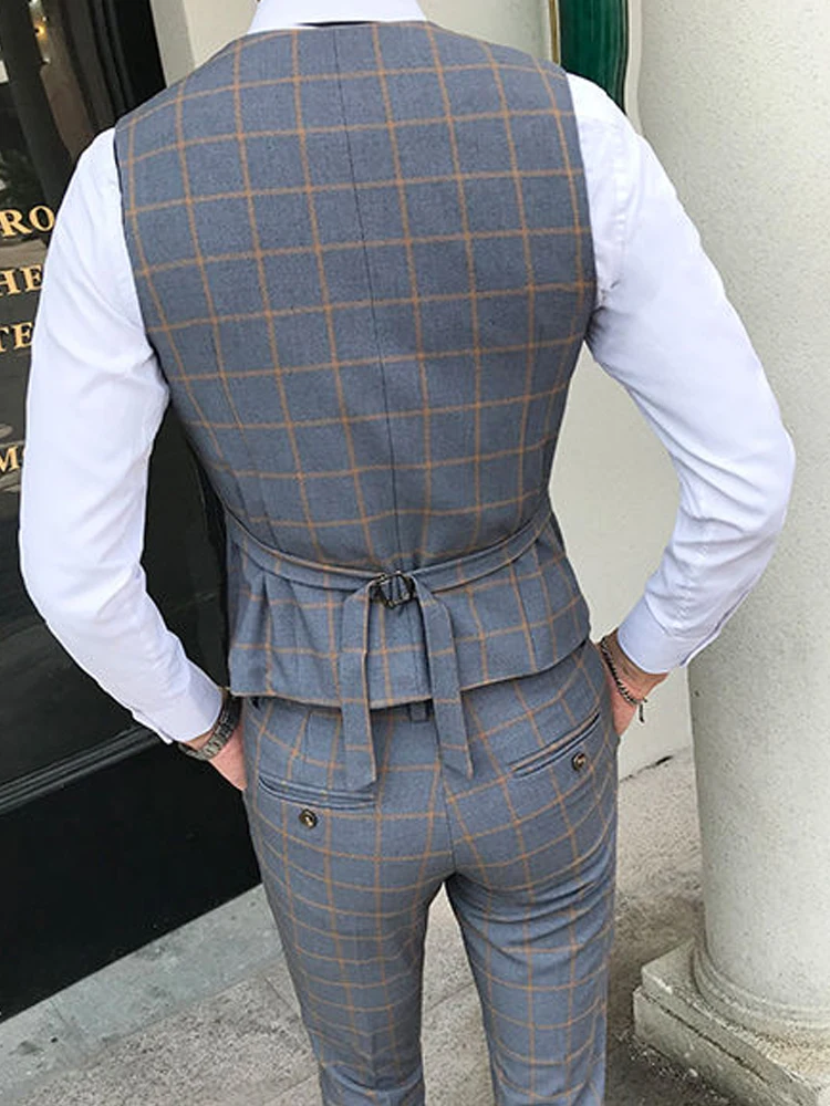 Men's Plaid Vest Pants 2pcs Business Professional Youth Office Worker Formal Wear Wedding Banquet Gentleman Suit Dress Waistcoat 4