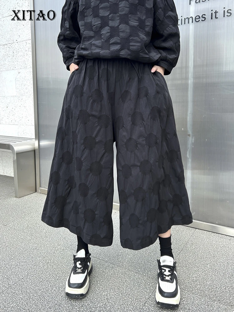 

XITAO Black Casual Wide Leg Pants Loose Fashion Dot Pattern Women Initial Autumn New Simplicity Calf-length Pants DMJ2453