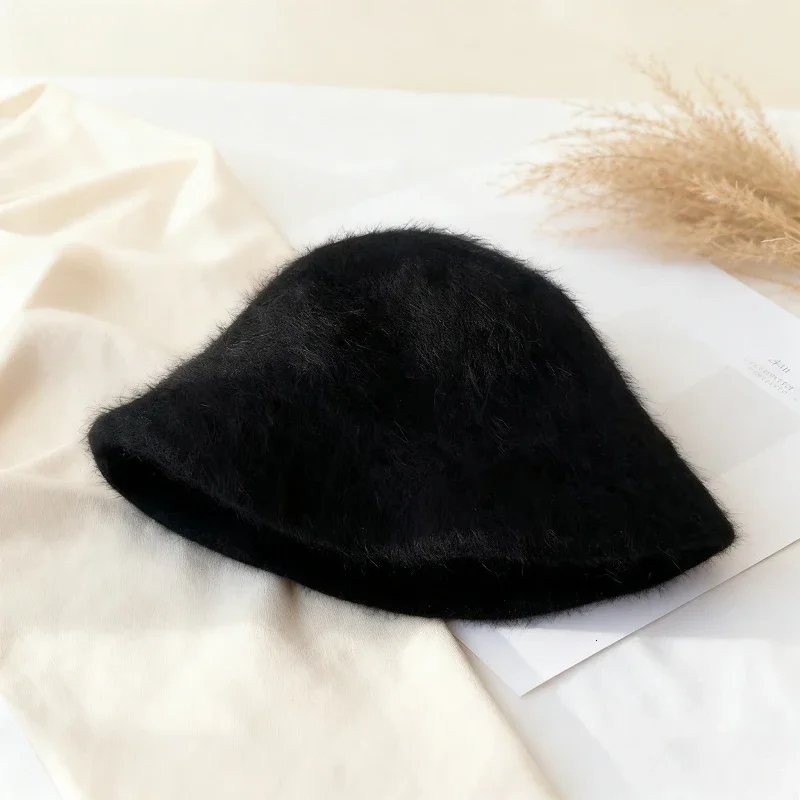 New Bucket Hat Winter Foldable Beanies Korean Good Angola Long Rabbit Fur Fisherman Fashion Soft Warm Wool Basin Cap Women 모자