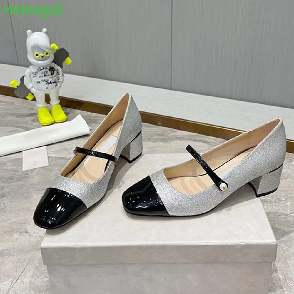 

Pearl Buckle Strap Mary Janes Shoes Retro Patent Leather Lady Pumps Fashion Square Toe Pumps New Shallow Cover Heel Women Shoes