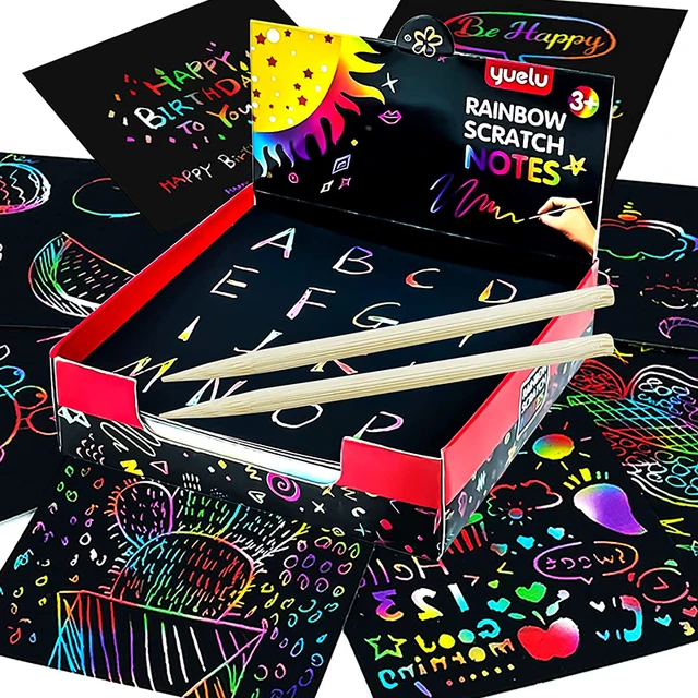100/10pcs Rainbow Scratch Mini Notes Paper Pad Cards With 2 Stylus 2 Drawing Stencil Children Kids Draw Painting Toys Craft Gift 2