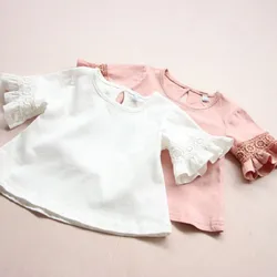 Summer Infant T-Shirts Lace Toddler Tee Children Outfits Solid Color Kids Tops Clothes Cotton Baby Shirts Clothing for Girl 1-8Y