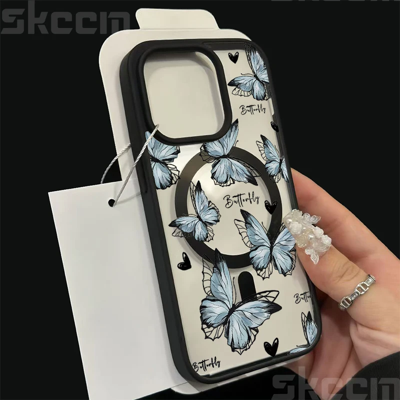 Butterfly Magnetic Transparent Phone Case with Matte Wireless Charging Cover