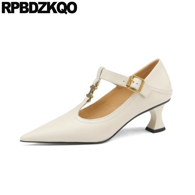

Celebrity Brand Women Shoes 2022 T Bar Strange Pumps Pointed Toe Beige High Quality Genuine Leather Strap Abnormal Metal Heels