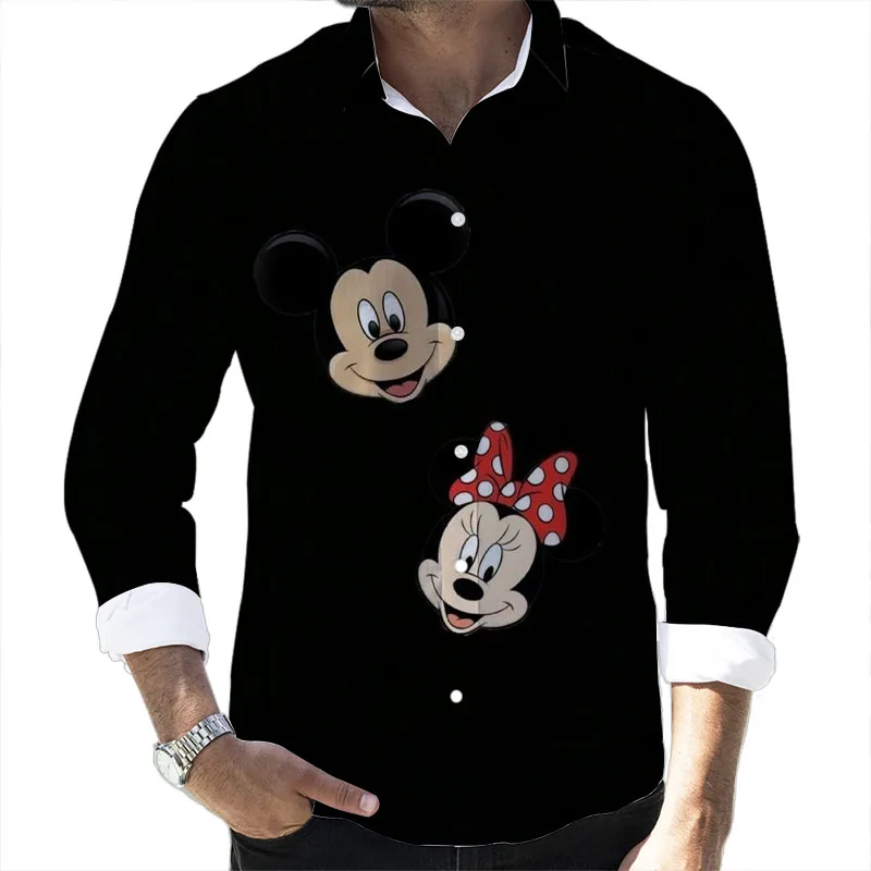 2022 Fall New Disney Cartoon Casual 3D Printed Long Sleeve Lapel Slim Fit Mickey Minnie Winnie the Pooh Brand Men's Top