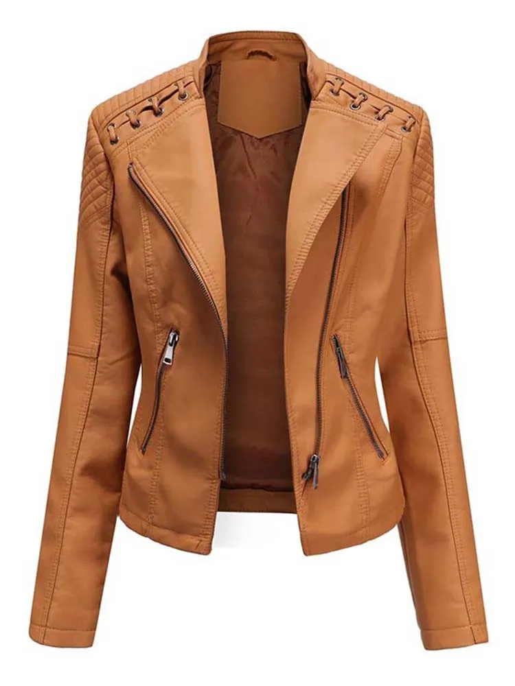 Women Long Sleeve Zipper Slim Motor Biker Leather Shorts Coat Female Outwear Tops Autumn Winter Pu Faux Leather Elegant Jackets 2021 autumn winter short motorcycle faux leather pu jacket women fashion slim long sleeve zipper coat female loose tops