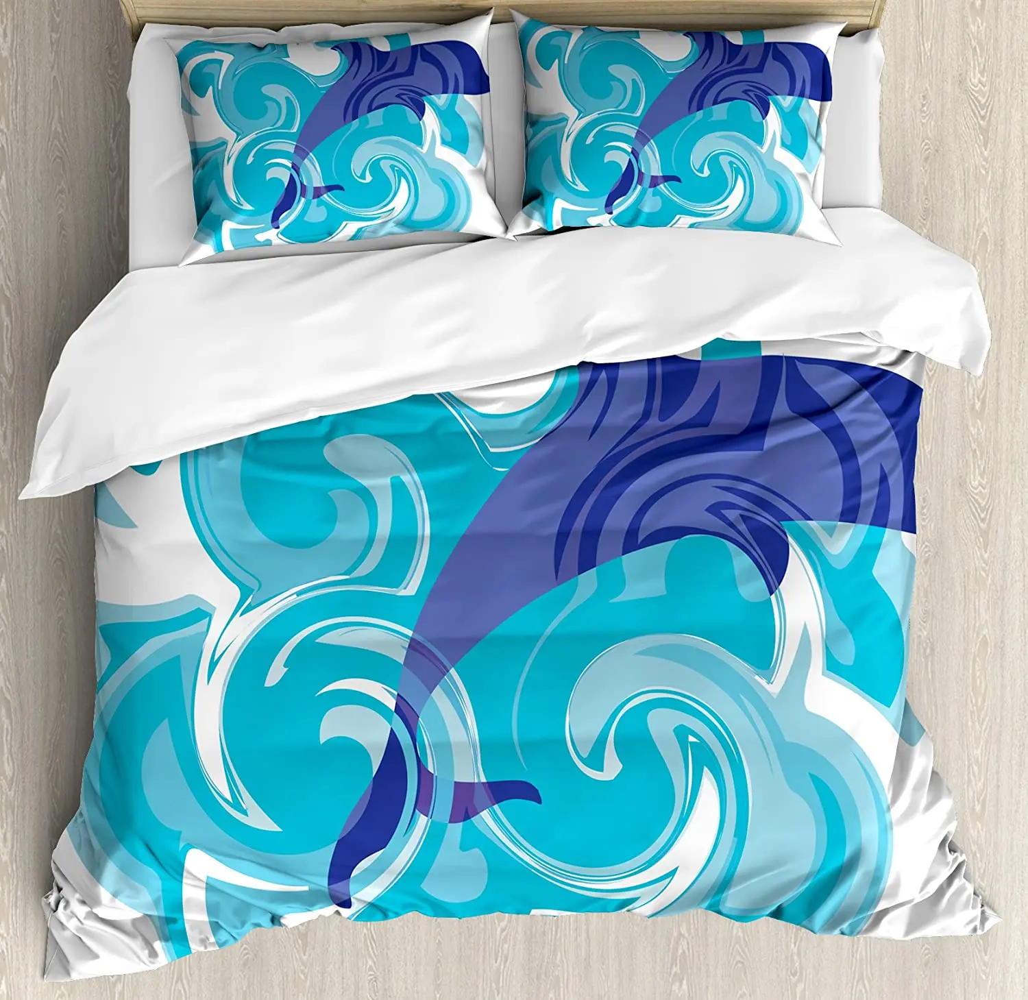 Dolphin Bedding Set For Bedroom Bed Home Abstract Representation of Waves Aqua Life Soft C Duvet Cover Quilt Pillowcase |