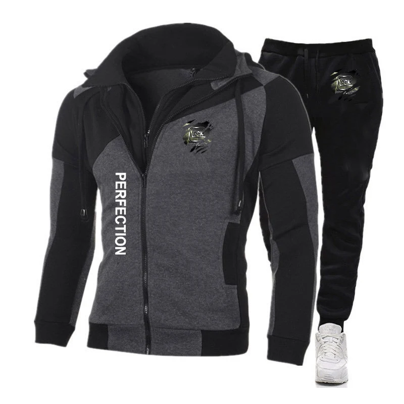 2023 Spring Autumn New Glock Perfection Shooting Printed Fashion Patchwork Double Zipper Hoodies+Solid Color Sweatpants Slim Set