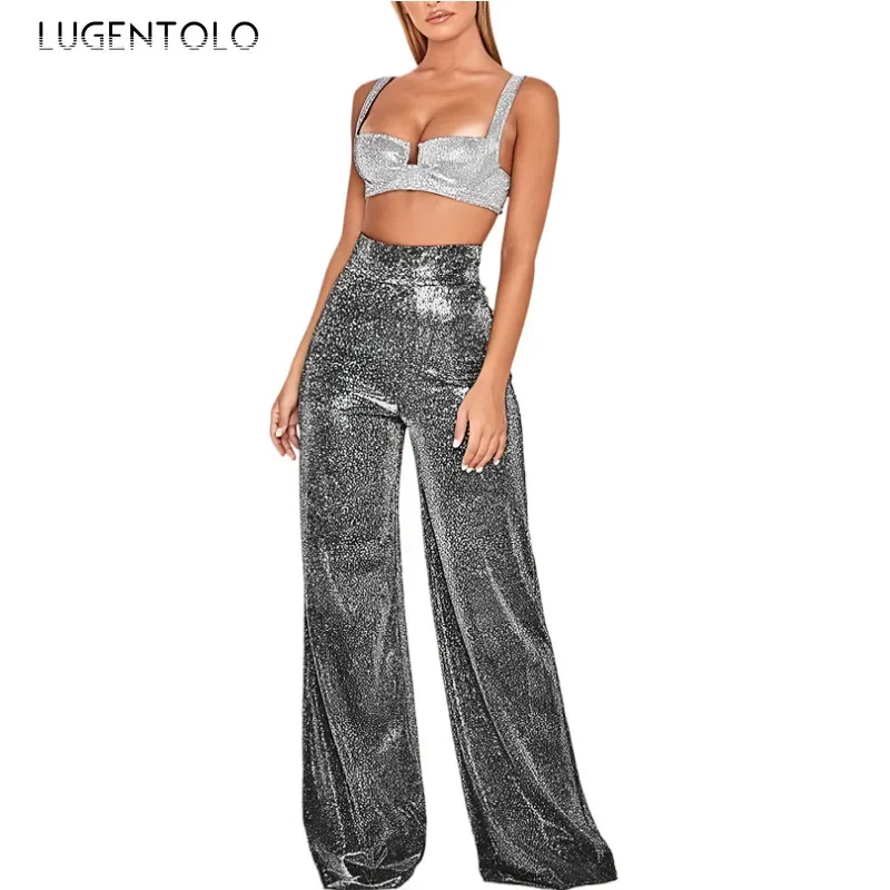 Women High Waist Pants Solid Hot Silver New Fashion Spring Summer Lady Elegant Comfortable Casual Wide-leg Long Clothing