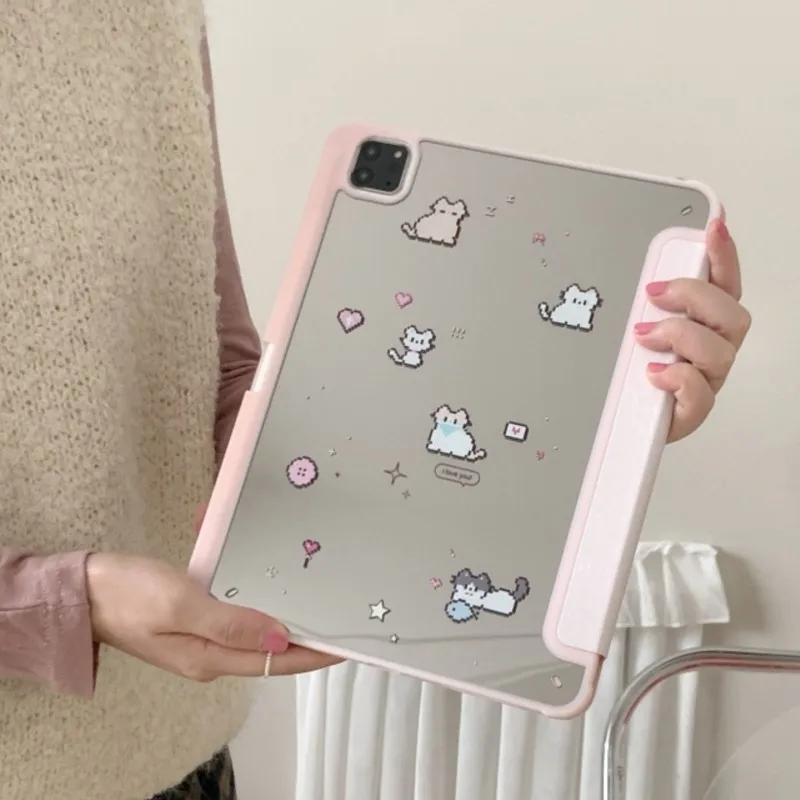 Tri-Fold Mirror Tablet Case with Pencil Holder and Cute Pixel Art Cat Design