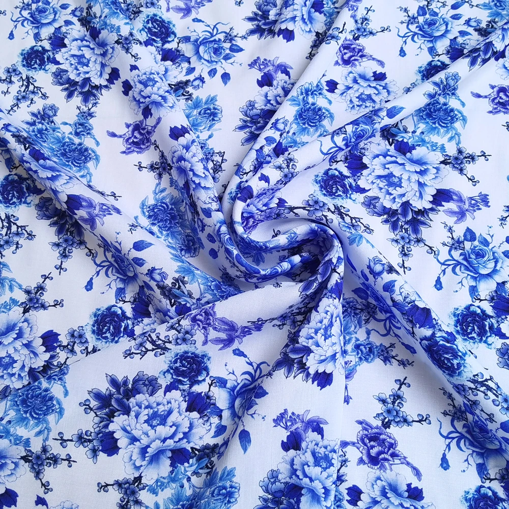 1 yard X 1.4meter China Blue White Flower Material Viscose Rayon Fabric For  Robe | eBay