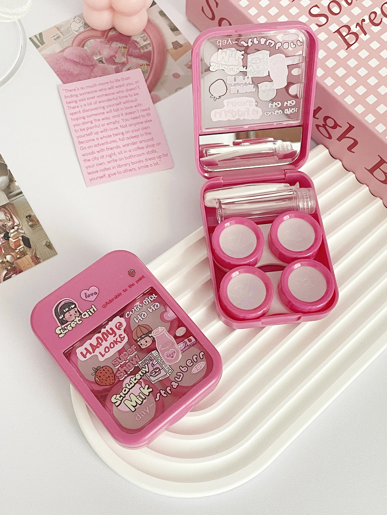 

Cute Double Contact Lens Case with Mirror for Girls - Travel Portable Eye Lens Box with Tweezers and Solution Bottle - Pink Cart