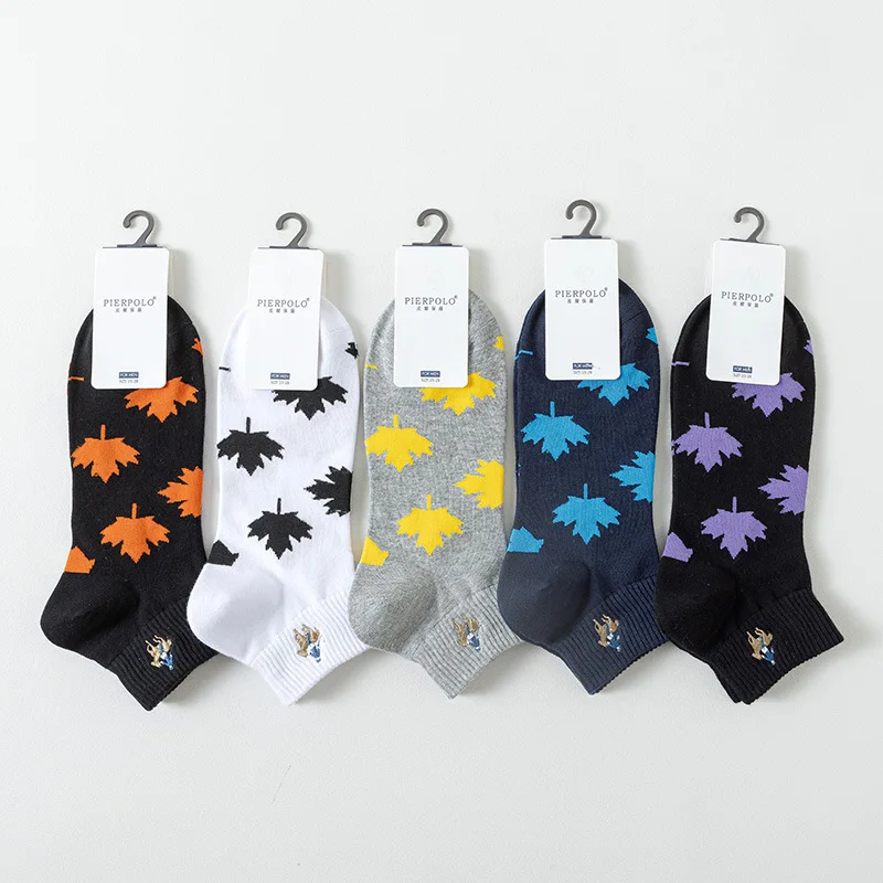 

PIERPOLO High Quality 5 Pairs Maple Leaf Men's Short Socks Hip Hop Version Trendy Skateboard Ins Low Top Basketball Boat Socks