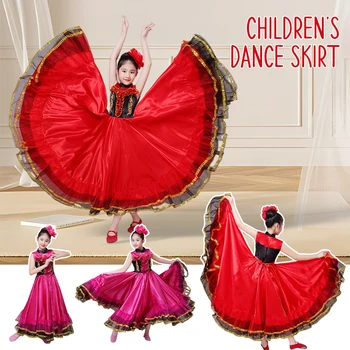 Girls Spanish Flamenco Dance Dresses 360/540/720 Degree Big Swing Skirt Kids Opening Dance Stage Performance Costumes