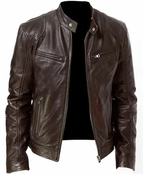 Giacca in pelle con Zip da uomo autunno inverno giacca da moto Vintage per uomo moda Biker cappotti in pelle capispalla maschile frangivento 1