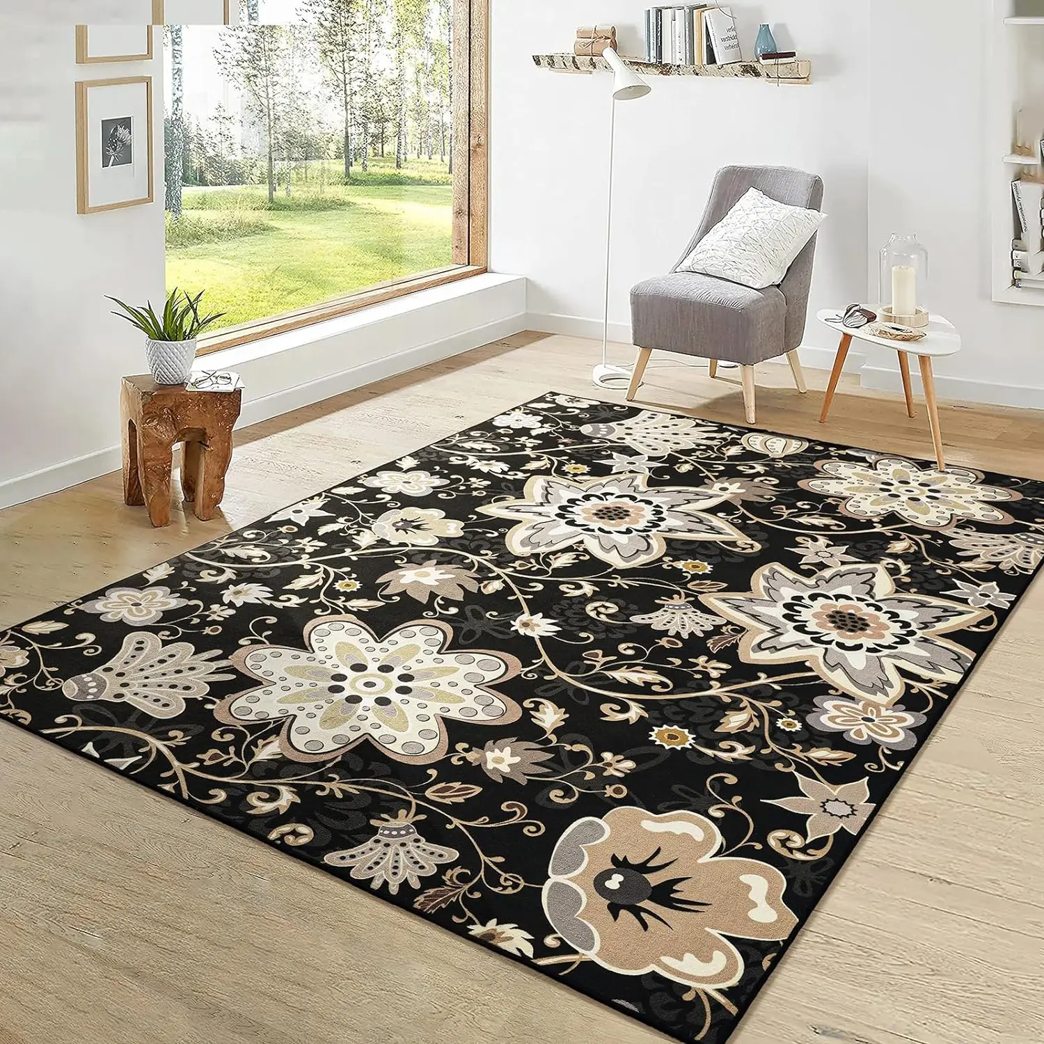 

NOAHAS Floral Black Rug for Bedroom Washable Rugs Non-Slip Soft Living Room Area Rug Stain Resistant Throw Entryway Indoor Rugs