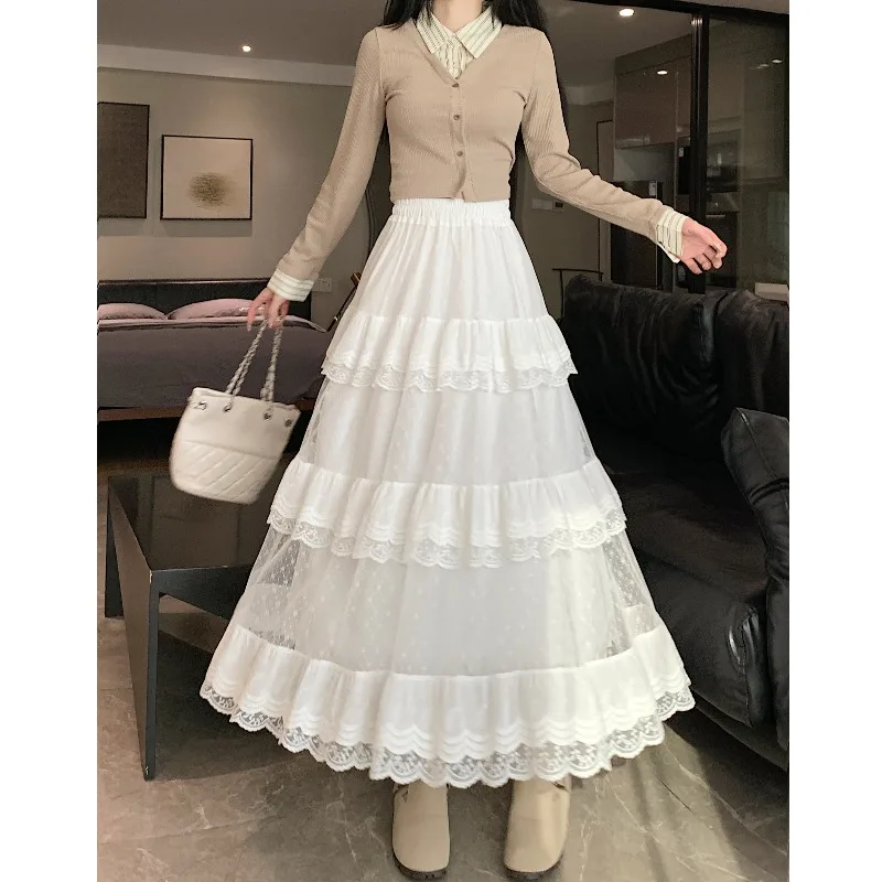 

French Chic Long Skirts for Women Ruffles Lace Patchwork Female Cake Skirt A-line Elastic High Waist Maxi Skirt Dropshippping