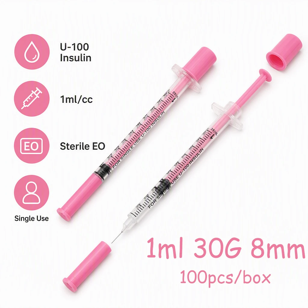 Nouvelles seringues à insuline jetables stériles de couleur rose 1ml 30G 5/16 pouces avec aiguille 30G 8mm, injecteur vétérinaire pour animaux de compagnie, 100 pièces/boîte 1