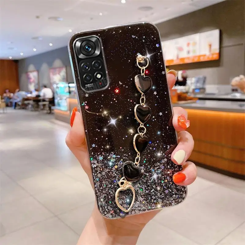 thumbnail image 1 of Note11s Love Heart Wrist Chain Glitter Case On For Xiaomi Redmi Note 11 Pro 4g 5g 11pro Plus 10 10s 9 9s Bracelet Silicone Cover, 1 of 4