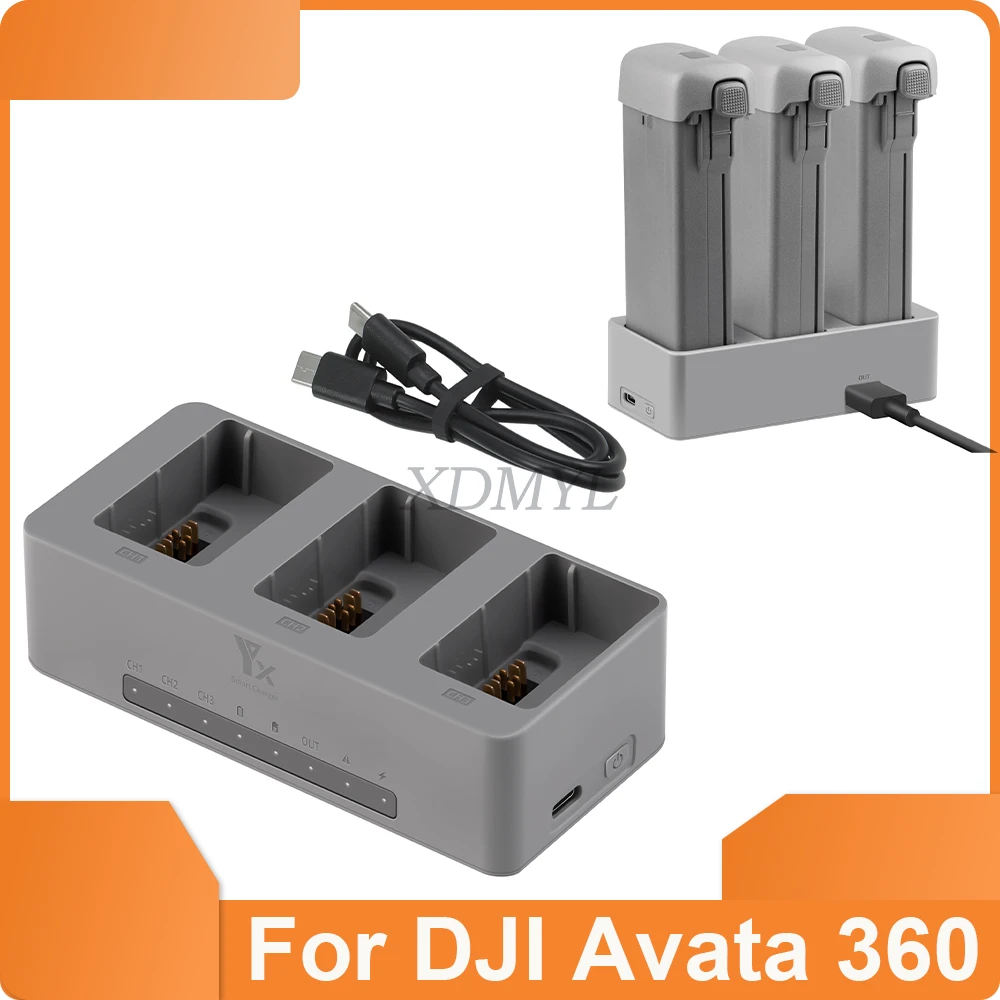 Chargeur intelligent 3 voies 100W pour batterie drone Avata avec trois ports et écran LED affichant la charge rapide et sécurisée.