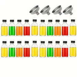 Eco - Friendly Glass Liquid Bottles with Lids - Reusable 60ml Containers for Beverages and Oils, Hand Wash Only, BPA - Free, Includes Pouring Funnel (20Pack - 2Oz)