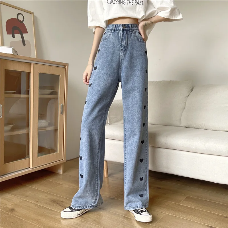 Women's Jeans Button High Waisted Jeans for Women Y2k Trousers for Girls Wide Leg Jeans Long Pants High Waist Embroidered Heart buckle jeans