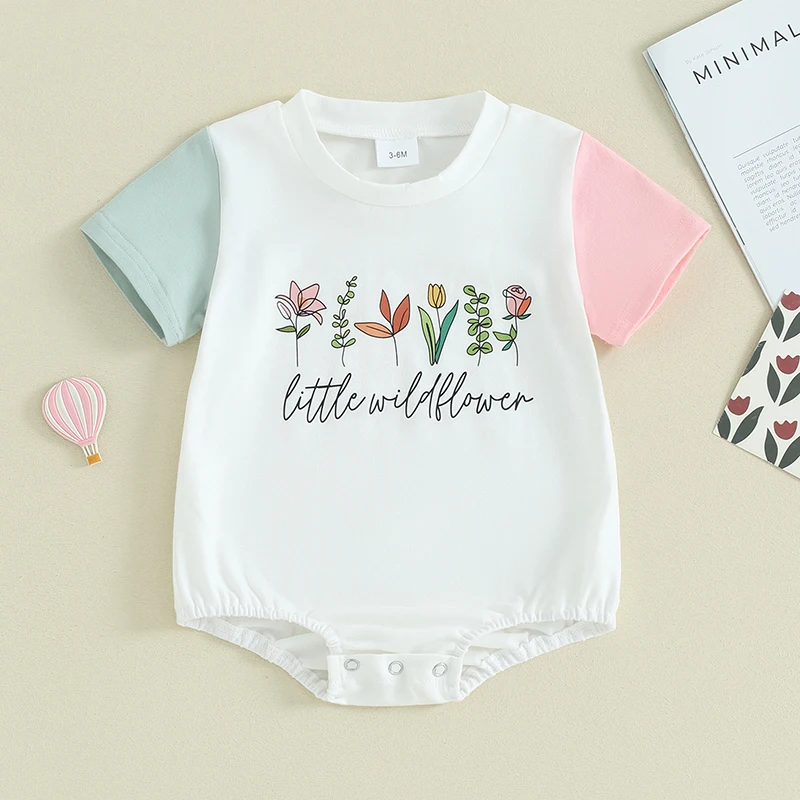 

Baby Girls Summer Casual Rompers Clothes Short Sleeve Crewneck Letter Print Contrast Color Jumpsuits Toddler Clothing