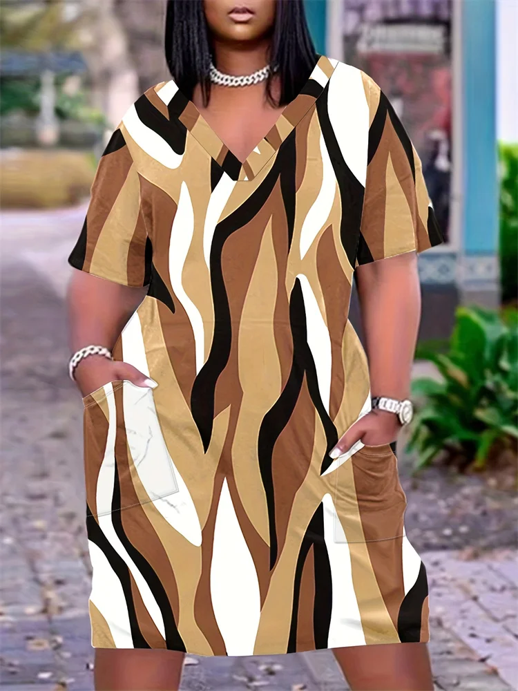 Novo Tamanho Grande das Mulheres Moda Leopardo Estampado Vestido Casual Manga Curta V Neck Com Bolsos Vestidos Festa Solto Tamanho Grande das Mulheres 10 S5ba0dbecbc294063bc7ba391408cac90c