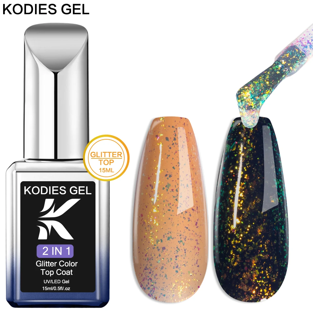 

KODIES GEL Aurora Glitter Top Coat UV Gel Nail Polish 15ML Sparkle Diamond Phantom Topcoat No Wipe Sealer Manicure Finish Nails