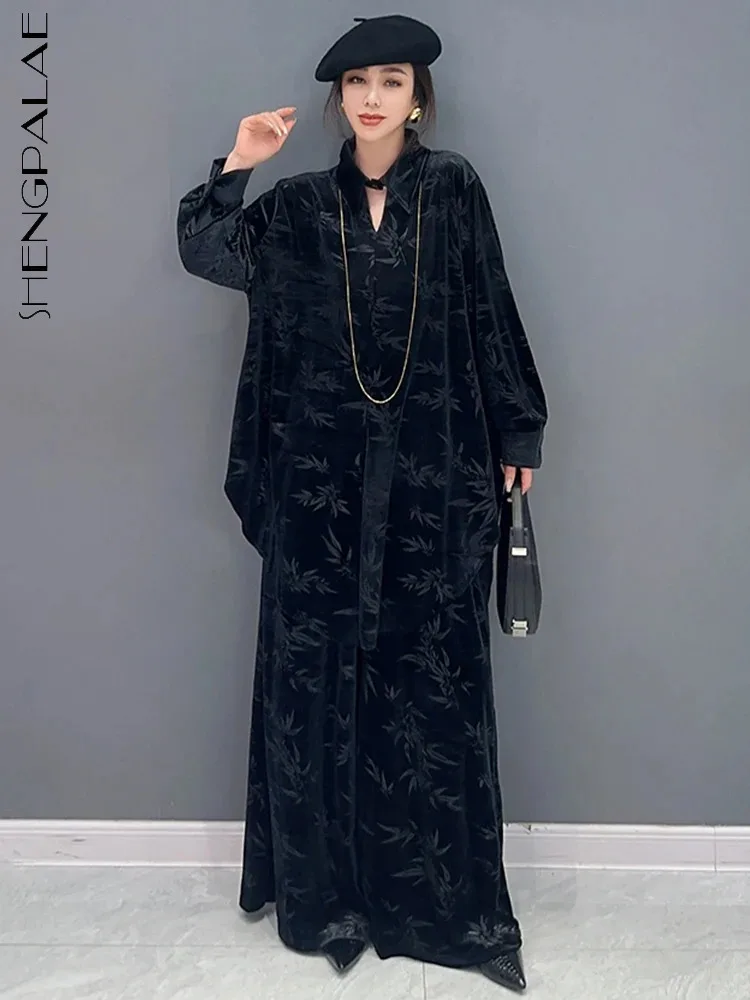 

SHENGPALAE, корейская мода, Женский Бархатный комплект из 2 предметов, осенняя рубашка с отворотом и принтом, новинка 2023, повседневные Широкие штаны, 5R7607