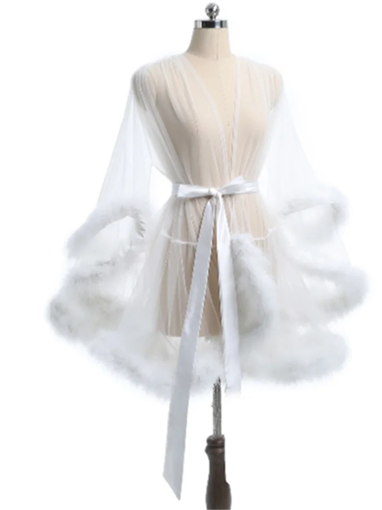 Sexy Feather Robe Seductive Mesh Perspective Sex Fur Bathrobe Passionate Waist Tightening Robe Dressing Gown women sleepwear silk robe sleepwear pajamas