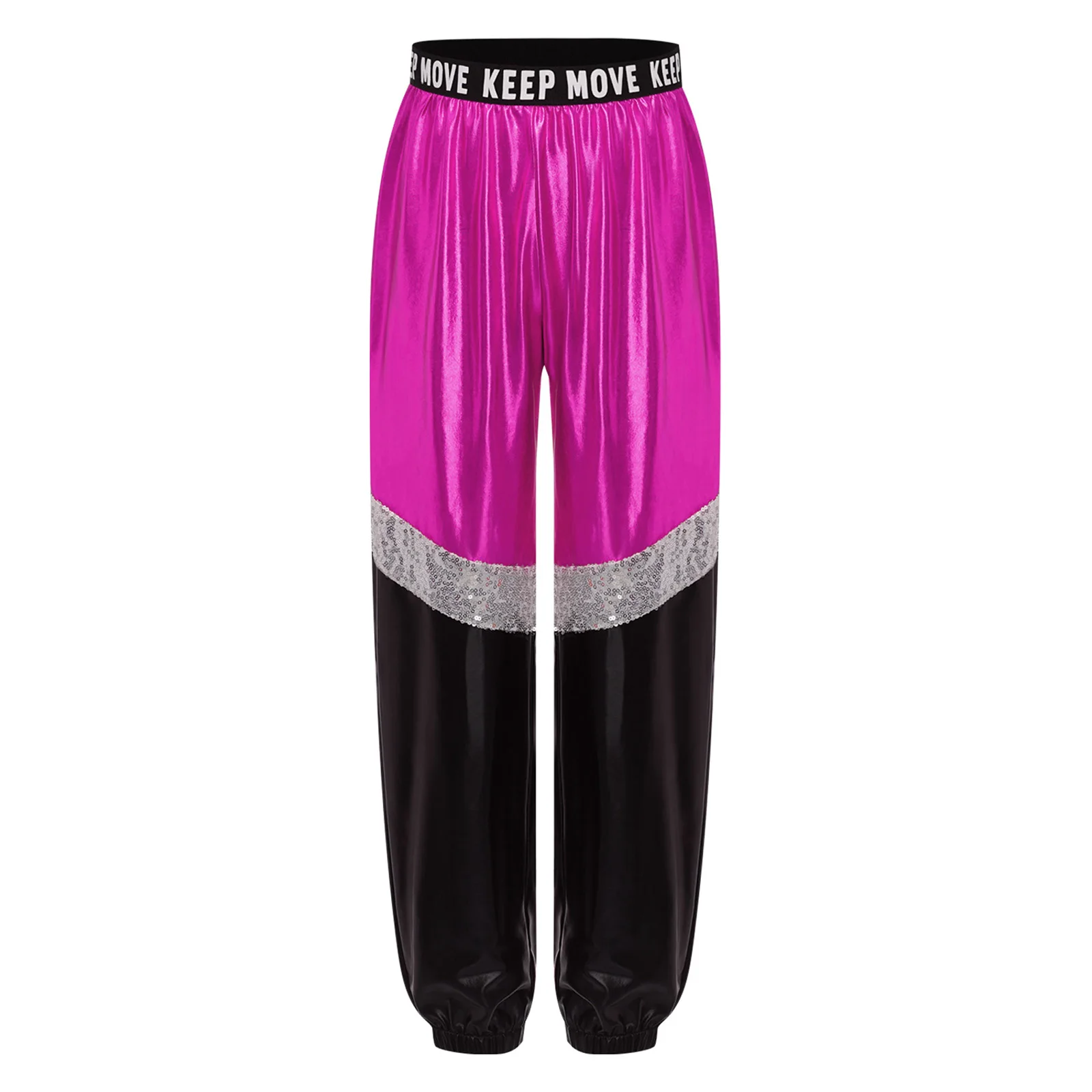 Kinder Mädchen Disco Hip Hop Jazz Tanzkostüm Hose Buchstabendruck Elastischer Bund Funkelnde Pailletten Farbblock Metallic-Hose – Detail 23