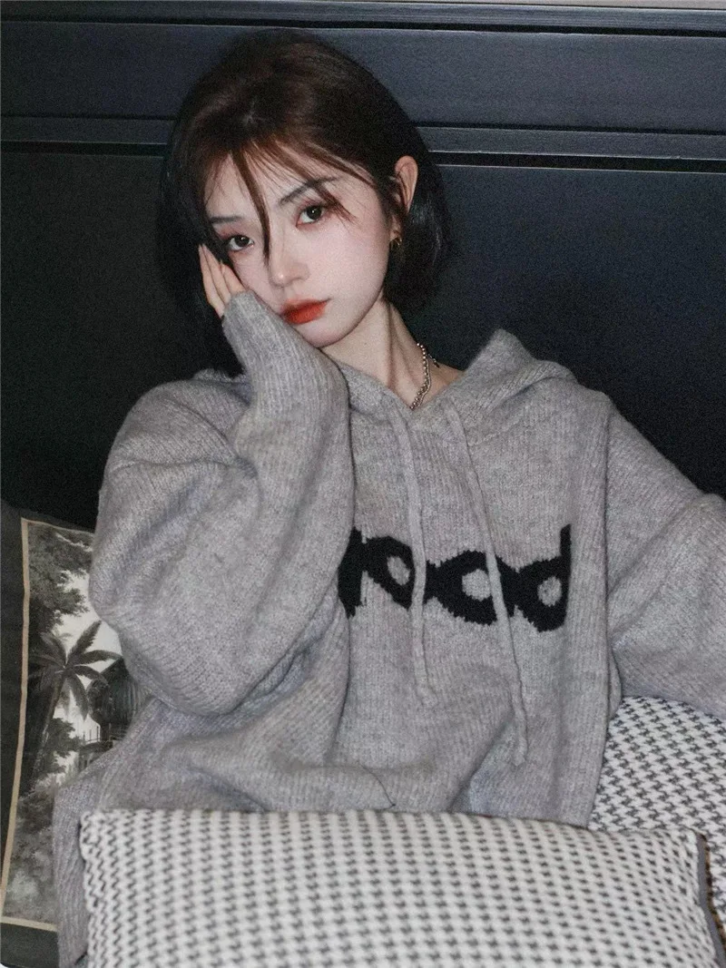 Oversized Sweater Women Harajuku Hooded Pullover Lady Vintage Fashion Knitted Hoodies Female Korean Loose Letter Print Sweaters