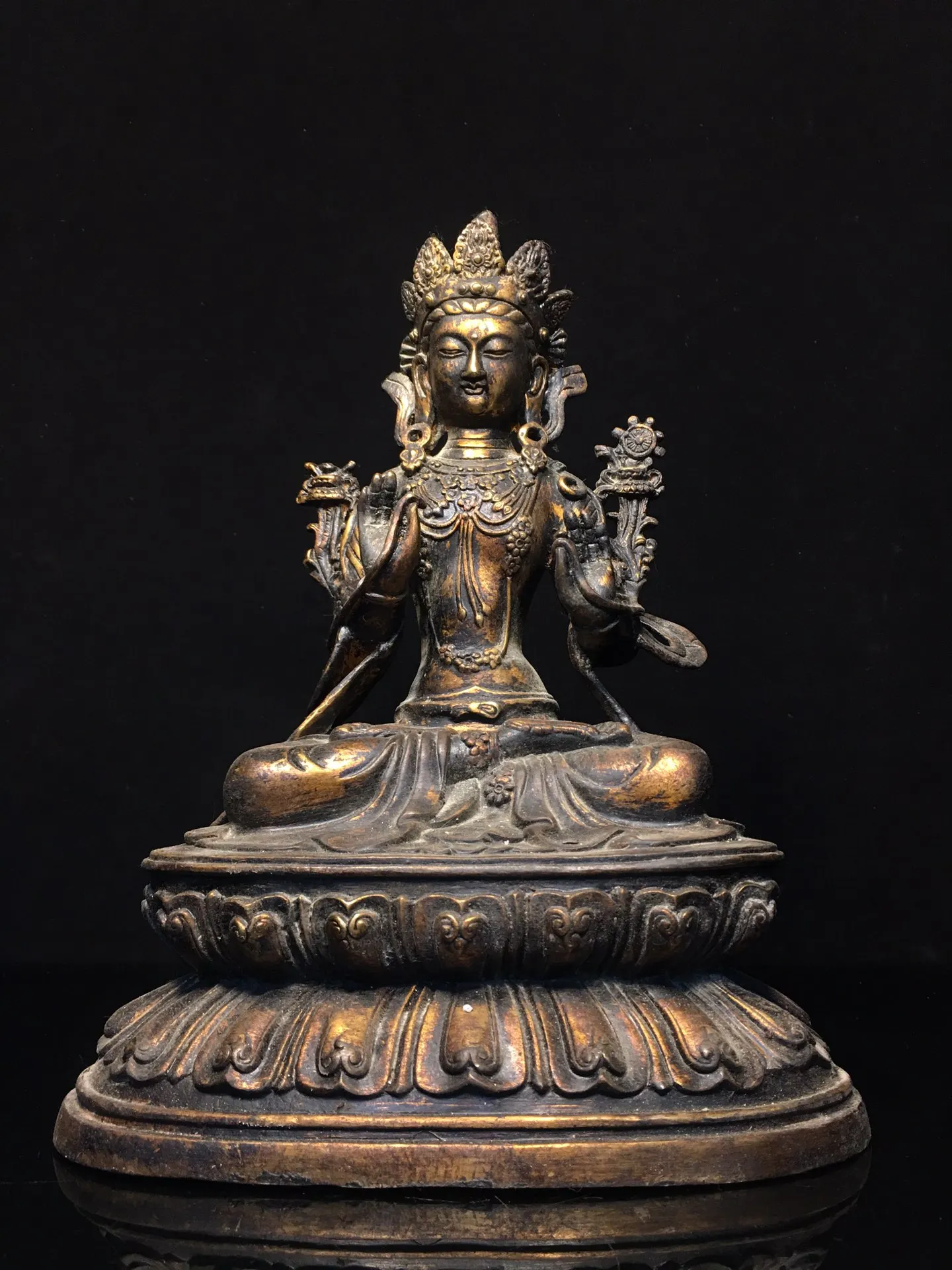 

13"Tibet Temple Collection Old Bronze Cinnabar Mud gold Bodhisattva Akashagarbha Double Lotus Platform Buddha Worship Hall