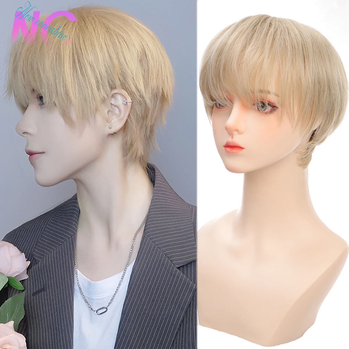 60cm doll china ancient concubine mechanical body joint with makeup including hair eyes clothes 1 3 bjd high quality custom gift New Concubine Short Synthetic Mullet Head Wig Boy Black Gold Pink Cosplay Anime Fake Hair With Bangs Heat Resistant