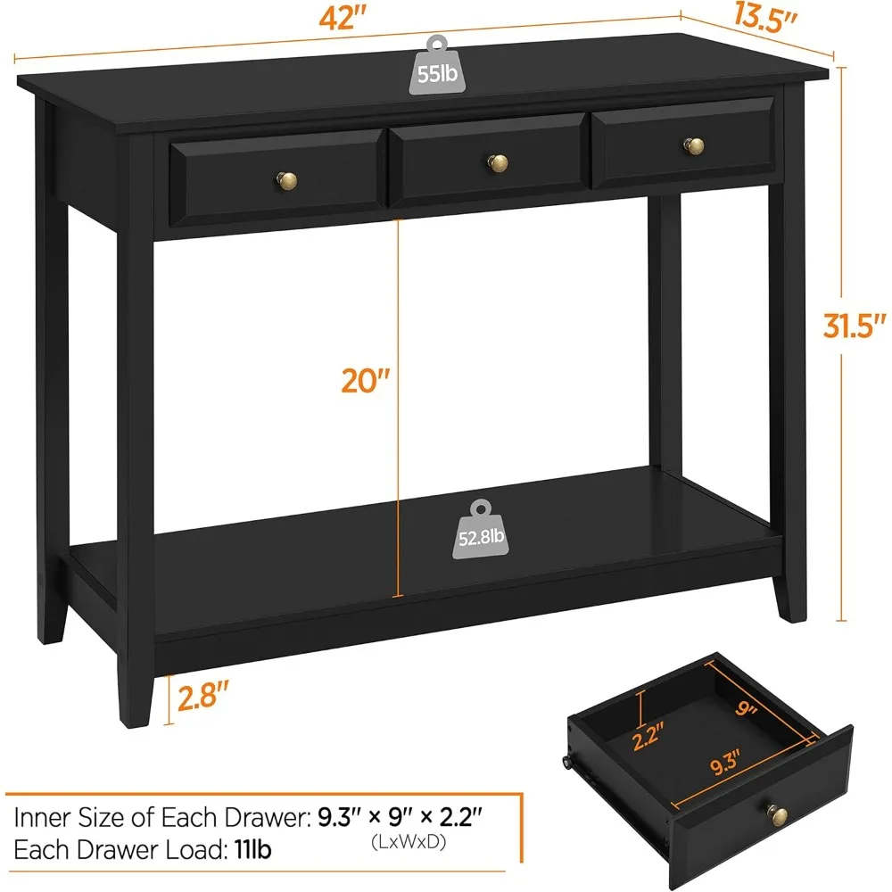 Console Table with 3 Drawers, Wood Entryway Table with Storage Shelf, Sofa Tables Narrow Long for Living Room, Entryway, 3