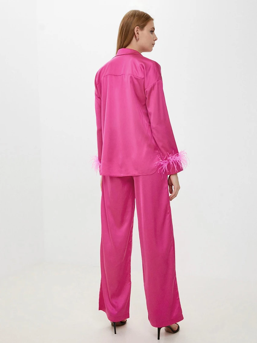 Marthaqiqi Feathers Ladies Nightgowns Suit Long Sleeve Nightwear Turn-Down Collar Sleepwear Pants Loose Femme Pajama 2 Piece Set